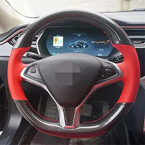 Hand-Stitched Black Leather Suede Steering Wheel Covers, Fit for Tesla Model S & X 2016-2020