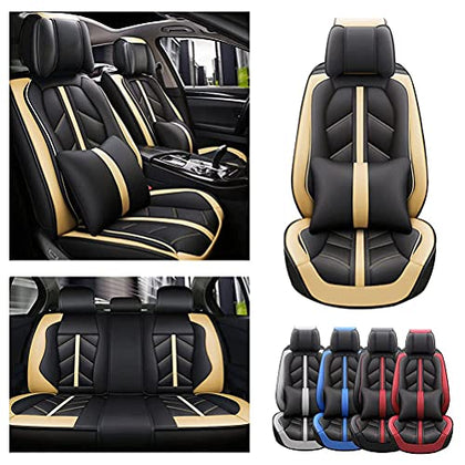 Front & Rear Seat Covers with Headrest Backrest Cushions for Chevy Chevrolet Bolt EV EUV Car Seat Cover Luxury PU Leather Sporty Breathable Comfortable Beige×Black