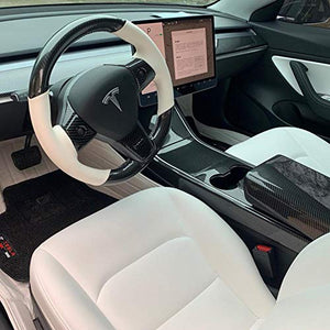 White Leather & Carbon Fiber Steering Wheel Cover Hand-Stitch on Wrap Fit for Tesla Model 3 & Y