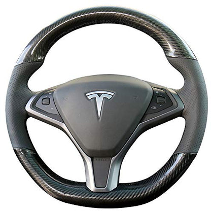 Black Perforated Leather & Carbon Fiber Auto Steering Wheel Cover Hand-Stitch on Wrap Fit for Tesla Model S/Tesla Model X