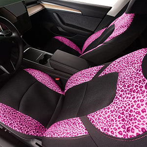 Front Custom Fit Two Tone Black/Pink Leopard Print Fully Wrapped Fabric Cloth Seat Covers for 2017-2022 Tesla Model 3 & Model Y (2 Pieces)