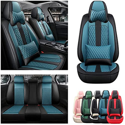 Front & Rear Seat Covers with Headrest Backrest Cushions for Chevy Chevrolet Bolt EV EUV Car Seat Cover Luxury PU Leather Comfortable Stylish Black×Blue
