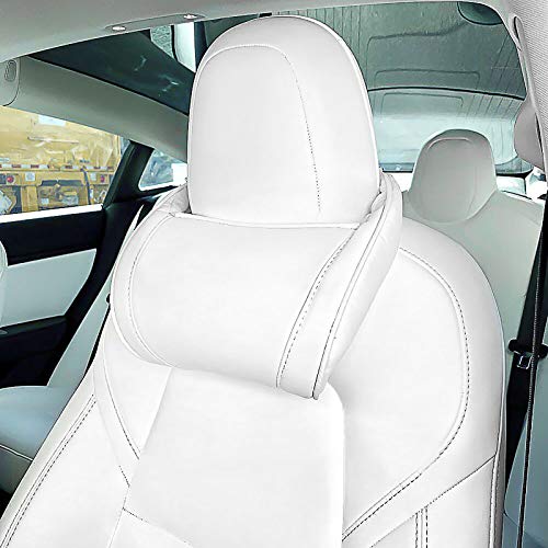 Car Neck Support Pillow Soft Leather Headrest with Adjustable Strap for Tesla (1 Unit White with White Stitching)