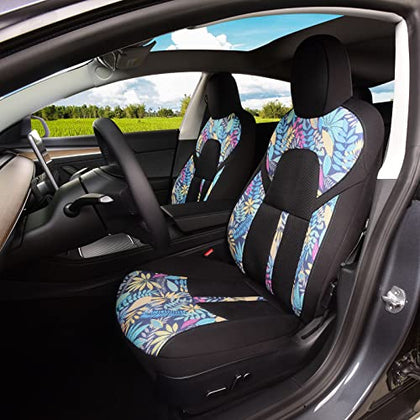 Front Custom Fit Two Tone Black/Tropical Leaves Print Fully Wrapped Fabric Cloth Seat Covers for 2017-2022 Tesla Model 3 & Model Y (2 Pieces)