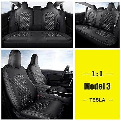 Elegant Pu Leather with Quilted Design Full Set Custom Fit Seat Covers for Tesla Model 3(Black)