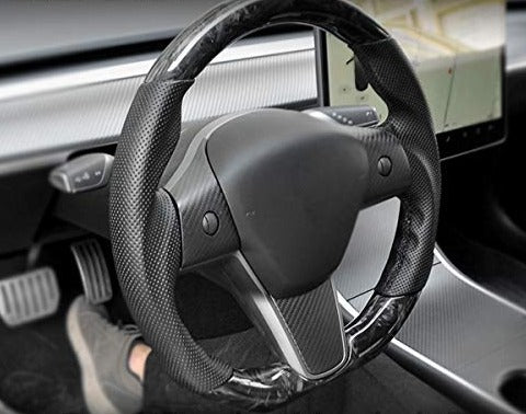 Full Forged Marbling Dry Carbon Fiber Steering Wheel with Sport Grip for Tesla Model 3 & Y