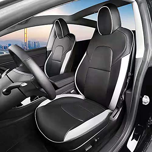 Tesla Model 3 5 Pcs Car Seat Cover Set PU Leather, Fit All Season, Breathable Sweat-Proof, Easy to Clean, Fit for Model 3 2017 2018 2019 2020 2021 (Black & White)