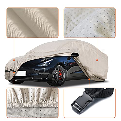 Beige 3 Layer UV Protected All-Weather Full Vehicle Cover for Tesla Model 3 with Non-Woven Reflective Strips & Zipper for Charging Port Access