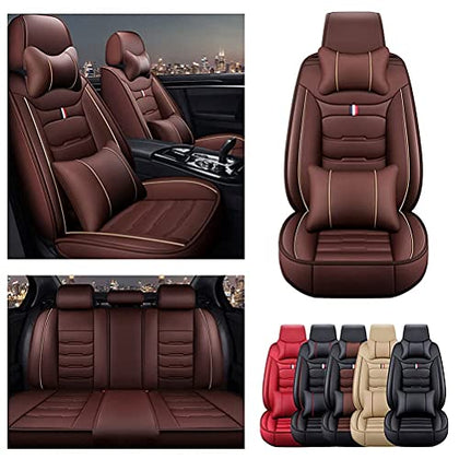 Front & Rear Seat Covers with Headrest Backrest Cushions for Chevy Chevrolet Bolt EV EUV Car Seat Cover Luxury PU Leather Comfortable Wear Resistant Brown