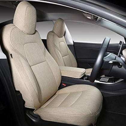 All Weather, Breathable, Airbag Compatible, Customized Synthetic Linen Fabric Seat Covers for 2020-2022 Tesla Model Y (Beige Fabric)