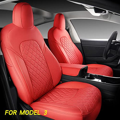 Full Coverage & Tailored Fit Faux Leather Seat Cover Set for Tesla Model 3 (Red)