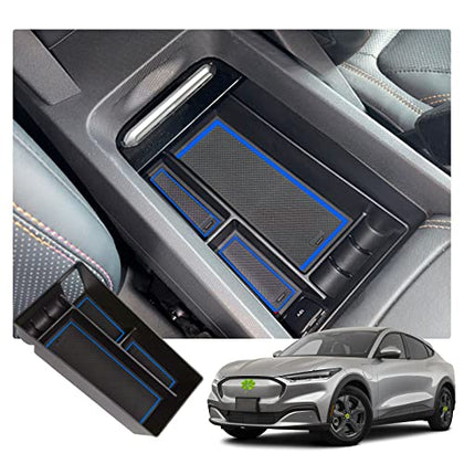 Center Console Organizer Tray for 2021+ Mustang Mach-E Armrest Box Organizer Secondary Storage Glove Box for Latest Mustang Interior Accessories with USB Hole and Coin Holder (Blue)
