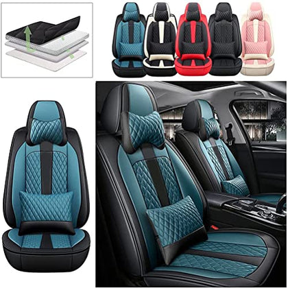 Front Seat Covers with Headrest Backrest Cushions for Chevy Chevrolet Bolt EV EUV Car Seat Cover Luxury PU Leather Comfortable Stylish Black×Blue