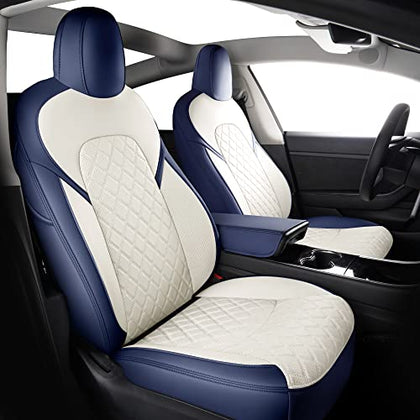 Seat Covers for Tesla Model 3 Faux Leather Seat Protector Fully Wrapped Custom Fit for Model 3 2017 2018 2019 2020 2021 All Season (Blue & White, Model 3)…