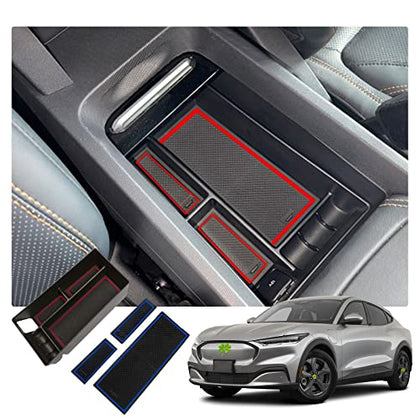 Center Console Organizer Tray for 2021+ Mustang Mach-E Armrest Box Organizer Secondary Storage Glove Box for Latest Mustang Interior Accessories with USB Hole and Coin Holder (Red+Blue)