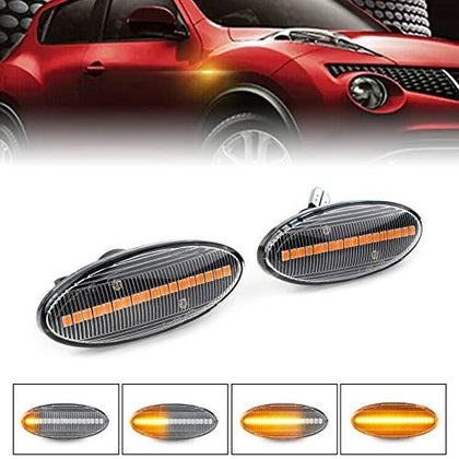 Car Auto Sequential Turn Signal Indicators Side Marker Light Compatible with Nissan Cube, Juke, Leaf, Micra K12 / K13, Note E11, Qashqai J10, X-Trail T31, Clear Lens