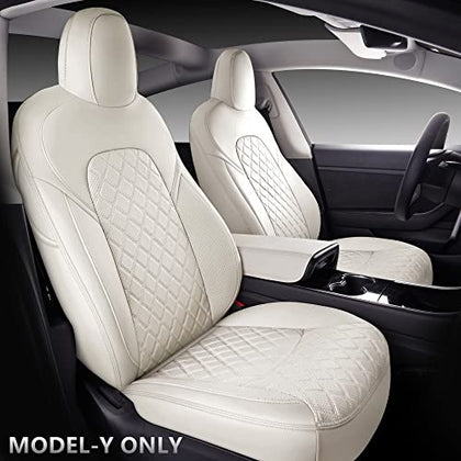 SuperVibe Auto Full Coverage Faux Leather Custom Car Seat Covers Full Set Fit for 2020 2021 Tesla Model Y (White)