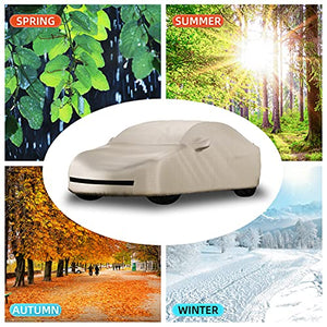 Beige 3 Layer UV Protected All-Weather Full Vehicle Cover for Tesla Model 3 with Non-Woven Reflective Strips & Zipper for Charging Port Access