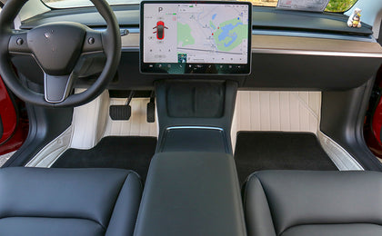All-Weather Custom Fit Cortical Grass with White Leather Floor Mats for Tesla Model 3