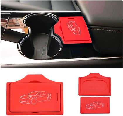 2017-2020 Tesla Model 3 & Y Center Console Red Anti-Slip Key Card Holder & Silicone Key Chain (Set of 2)