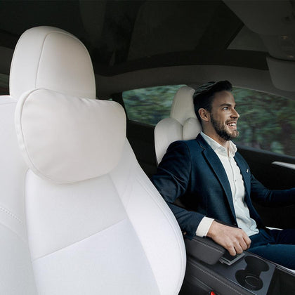 Leather Headrest Neck Pillow For Tesla Model 3 & Y Neck Support Cushion Two Pieces (White)