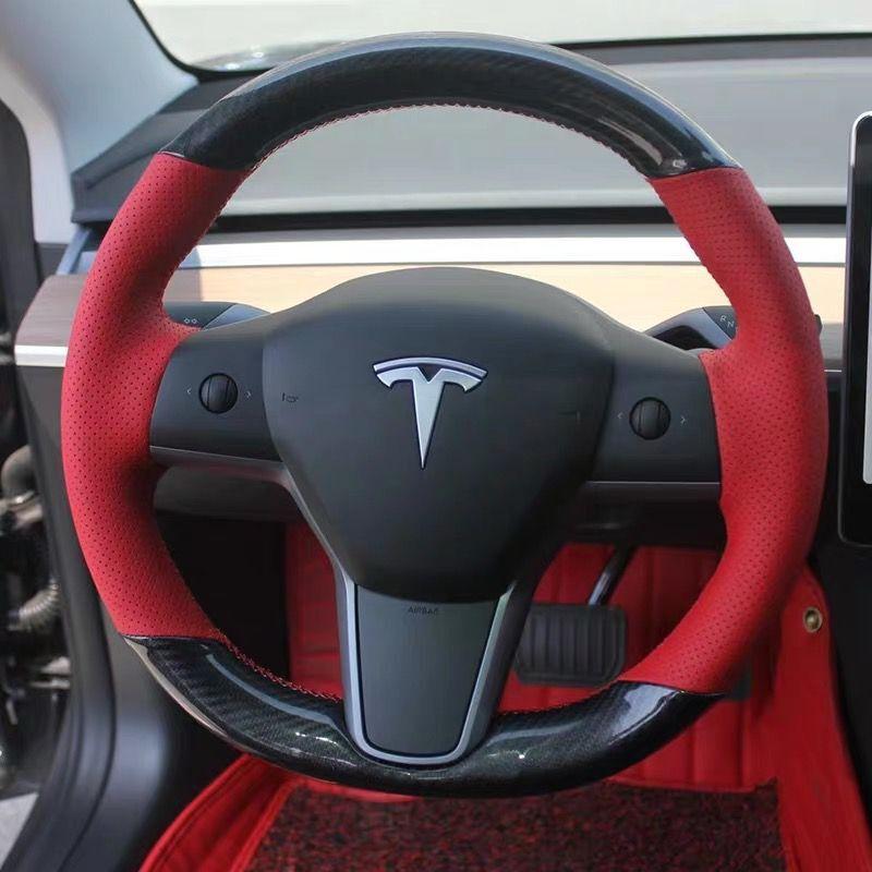 Carbon Fiber and Red Leather Steering Wheel Cover for Tesla Model 3 & Y