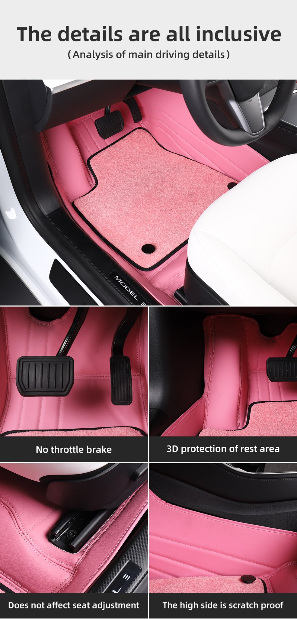 Fully Surrounded Microfiber Leather Pink Floor Mats for Tesla Model 3 & Y