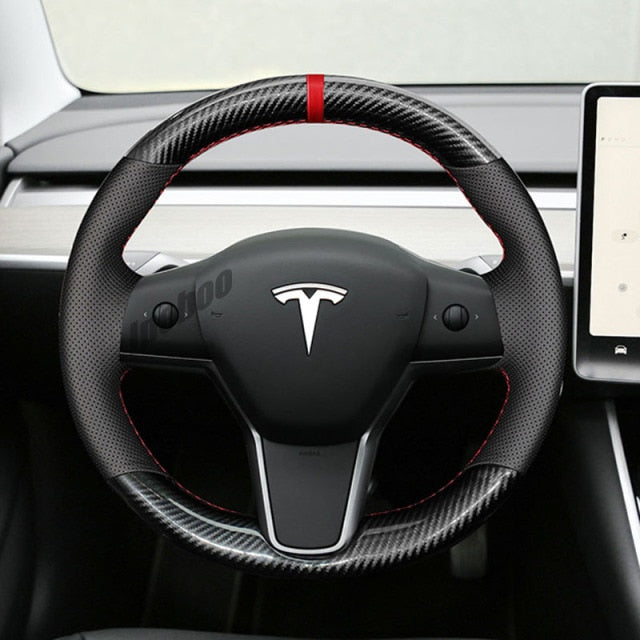Multi Tone Carbon Fiber Leather Steering Wheel Cover for Tesla Model 3 & Y