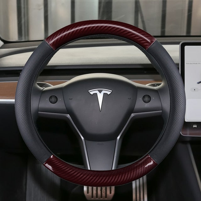 Genuine Leather + Carbon Fiber Pattern Steering Wheel Cover for Tesla Model 3 & Y